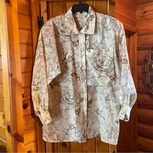 Escada Vintage Cream and Gray Casual Button Down Shirt with Floral‎ Pattern